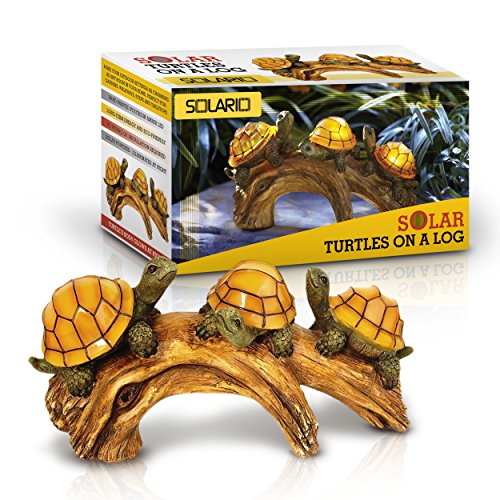Solar Powered Turtles on Log Decoration- Ultra Durable Polyresin- Highest Capacity Battery- Intricate Detailing- Wireless Outdoor Accent Lighting- Best Decor Ornaments for Garden Yard Water Feature