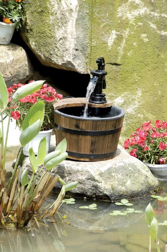 Wood Barrel with Pump Patio Water Fountain - Small Garden Water Fountain Product SKU PL50012
