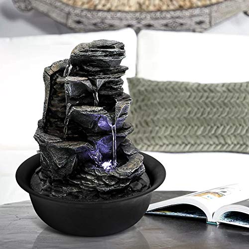 Chillscreamni Resin Crafted Stacked Rock Water Fountain - 11 45 Rockery Indoor Water Feature wLED Light for Home&Office Decor 5-Tier LED-lit Cascade Fountain wSoothing Sound for Stress Relief