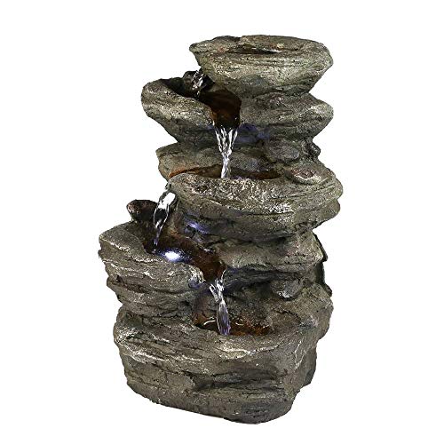 jkbfyt Tabletop Fountain with LED Lights - 5-Step Rock Falls Indoor Waterfall Feature - Calming and Relaxing Water Sound - Small 11 Inch Desktop Size