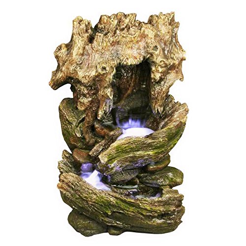 32 Cottage Log Garden Fountain Tiered Outdoor Water Feature for Gardens Patios Weatherproof Resin Hand-crafted w LED Lights
