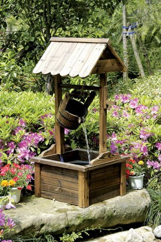Wishing Well Wood Outdoor Patio Water Fountain with Pump SKU PL50002