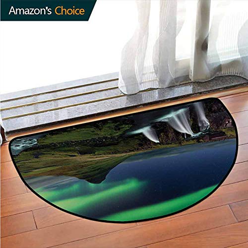 Aurora Borealis Semi-circular Carpet Mat Indoor Waterfall Kirkjufellsfoss in the Mountains Iceland Picture Magical Night Printed Door Mat Sofa Plush Area Rug W591 x R355 Inch Multicolor