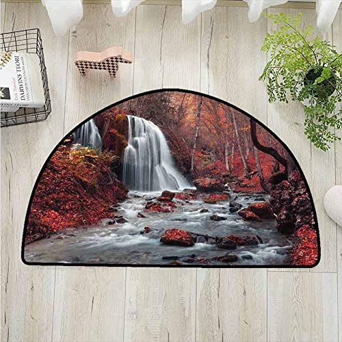 DESPKONMATS Waterfall Semi-Circular Carpet Mat IndoorWaterfall and Autumn Forest Silver Stream Fall Nature in Crimea Printing MatSofa Plush Area RugW236 x R157 Inches Paprika Dark Brown Orange