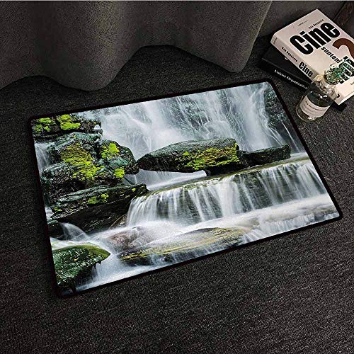 Diycon Front Door Mat Indoor Waterfall Majestic Waterfall Blocked with Massive Rocks with Moss on Them Photo Suitable for Outdoor and Indoor Use W24 xL35 Green Black and White