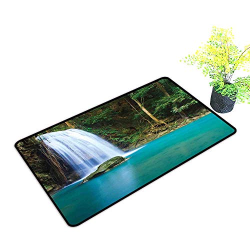 Diycon Front Door Mat Large Outdoor Indoor Waterfall Stream of a Secret Waterfall in The Forest Nature Like Heaven Fresh W16 xL20 Easy to Clean Carpet Turquoise Green Brown