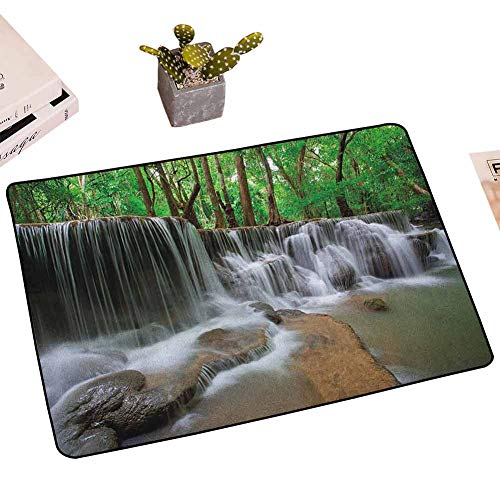 MKHUFCLE Nature Door mat Indoor Waterfall at Forest in Tropical Environment Unusual Woodland Scenery Welcome mats for Front Door Outdoor W16 x L24 INCH Forest Green Brown White