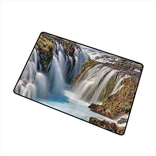 Mdxizc Front Door Mat Large Outdoor Indoor Waterfall Decor Collection Bruarfoss Waterfall in Iceland River Landscape Wild Nature W20 xL31 Non-Slip Backing White Dark Ivory Beige