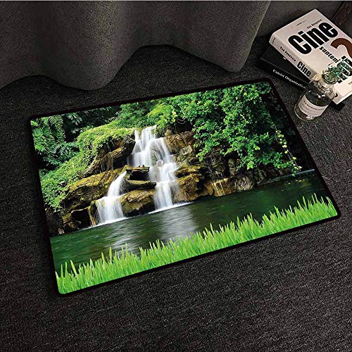 Mkedci Front Door Mat Large Outdoor Indoor Waterfall Double Waterfalls Flow to Natural Green Lake with Bushes and Grass Like Garden Print Easy to Clean W24 xL35 Green