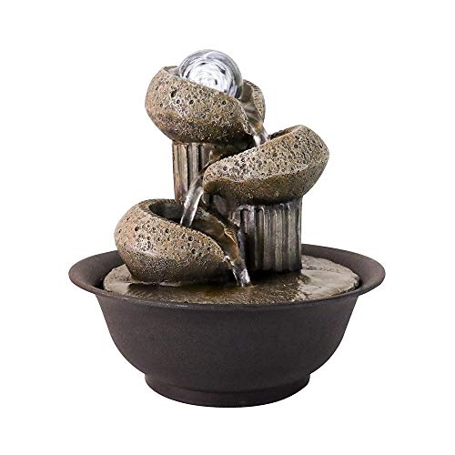 Tabletop Fountain with Led Lights - 3-Step Indoor Waterfall Feature Grey Polyresin Handmade Lighted