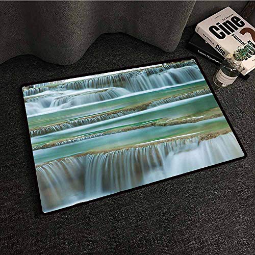 Waterfall Decor Collection Front Door Mat Large Outdoor Indoor Waterfall Close Up Picture Thailand Traveling Picture Machine washNon-Slip W16 xL24 Teal White Ivory