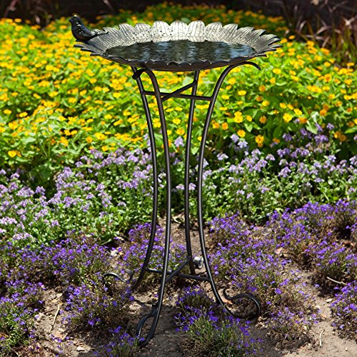 Innova Sunflower With Sitting Bird Metal Bird Bath - Antique Black