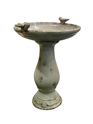 Benzara Antique Ceramic Bird Bath With 2 Birds Light Brown