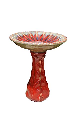 Benzara Ceramic Birdbath with Green Rim Red