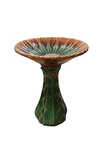 Benzara Ceramic Birdbath with Orange Rim Green