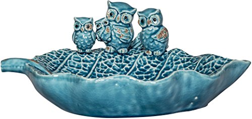 Whimsical Ceramic Bird  Bath Feeder with Owl Design Blue