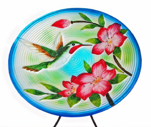 Continental Art Center Cac40187 15-inch Hummingbird Glass Bird Bath Bowl With 19-inch Metal Stand