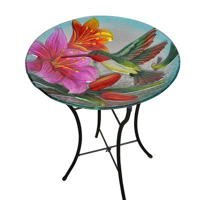 Peaktop Hand Painted Hummingbird With Blossom Glass Plate Bird Bath With Foldable Metal Stand, 18"