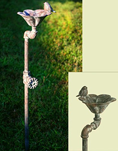 Decorative Rustic Weathered Rustgray Industrial Faucet Songbird Flower Birdbath