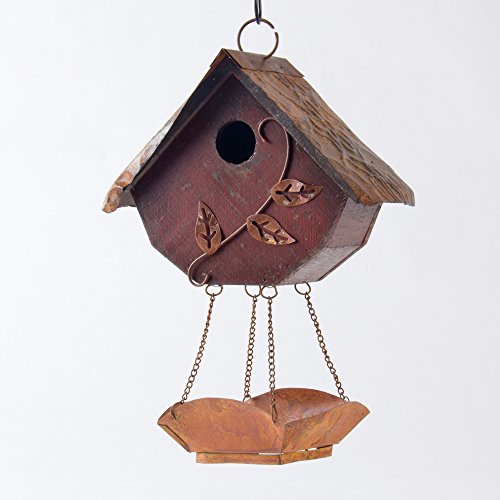 Glitzhome 1291&quoth Rustic Garden Distressed Wooden Decorative Bird House With Bird Bath