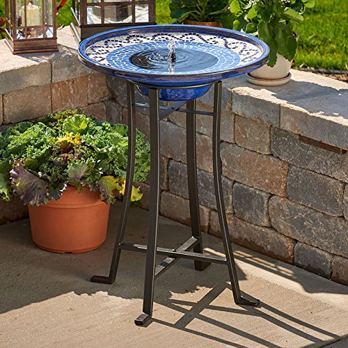 21 Mosaic Ceramic Solar Outdoor Bird Bath Fountain with Metal Stand in- powder black