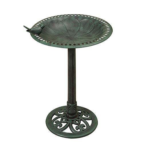 Gerson Premium Fancy 30 Resin Birdbath with Verdigris Finish Cast Iron Stand and a Little Bird