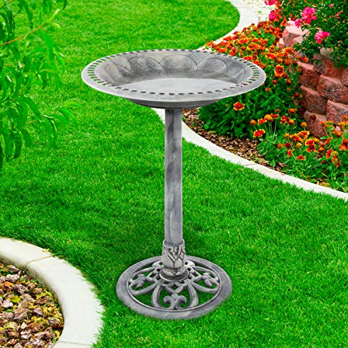 Pure Garden 50-LG1073 Antique Bird Bath-Weather Resistant Resin Birdbath with Vintage Scroll Design 3 Ground Stakes for Garden Outdoor Decor Grey