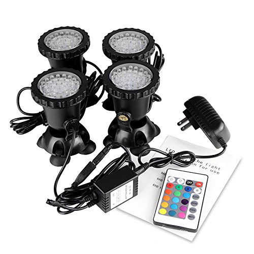 Powstro 36 LED Colorful Submersible Underwater Spot Light Aquarium lamp with Remote Control For Fish Tank Garden Fountain Pond Pool Lighting Decoration4 PCS