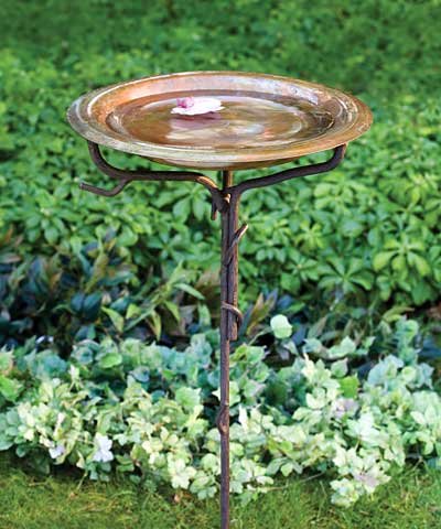 Ancient Graffiti Solid Copper Birdbath With Iron Twig Stake