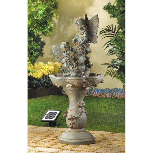 Solar Kids Fairy Statue Verdigris Outdoor Garden Bird Bath Water Fountain