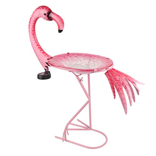 HONGLAND Outdoor Solar Birdbath Flamingo Bird Feeder Glass Bowl with Metal Stand for GardenLawnBackyardPorch