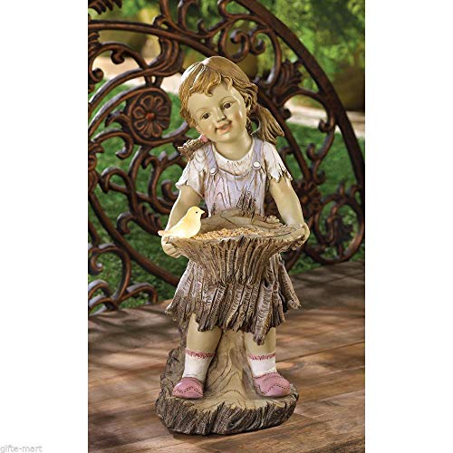 wakatobi Country Girl Kid Garden Solar Light Outdoor Rustic lamp Statue Bird Feeder Bath