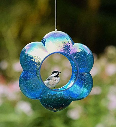 Iridescent Glass Flower Bird Feeder In Blue