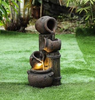 Ark Dcor- Backyard Water Fountains Outdoor - Brown Resin Pitcher Three Tiers with Pump and LED Lights - Bring Charm to Your Garden Or Veranda with This Eye-Catching Fountain