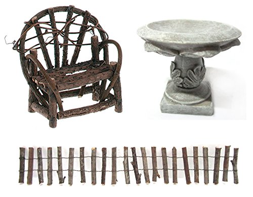 Bundle Of 3 Miniature Fairy Gardenamp Dollhouse Items - Vine Bench Log Fence And Birdbath