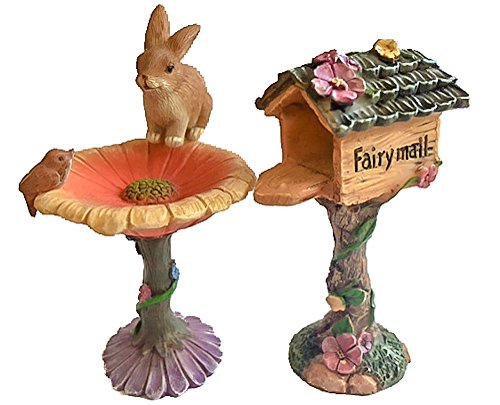 Wonky Hill Miniature Fairy Garden Collection 3 Piece Mail Box Bird Bath And Bunny