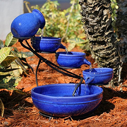 Smart Solar Blue Ceramic Cascade Outdoor Bird Bath Fountain