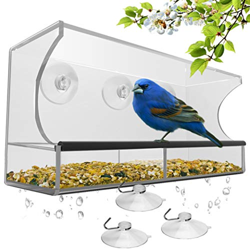 Window Bird Feeder with Strong Suction Cups and Seed Tray Outdoor Birdfeeders for Wild Birds Finch Cardinal and Bluebird Large Outside Hanging Birdhouse Kits Drain Holes 3 Extra Suction Cups