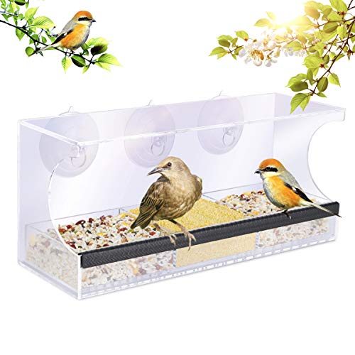 YUT Clear Window Bird Feeder Transparent Viewing Removable Seed Tray Drain Holes and Super Strong Suction Cups Easy Clean Acrylic Outside Wild Bird House High Seed Capacity Outdoor Birdfeeders