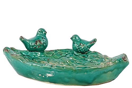 Benzara Leaf like Design Ceramic Bird Feeder with Two Adorable Sitting Birds Turquoise