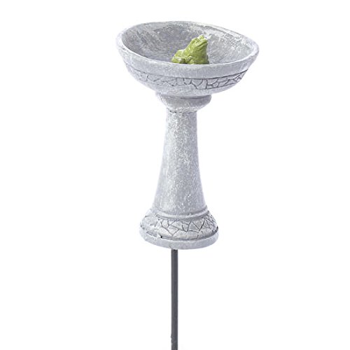 Painted Resin Carved Stone Look Miniature Birdbath On Stake With Sitting Frog In Center For Fairy Gardens Terrariums