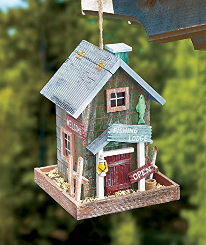 Fishing Lodge Themed Country Cabin House Wooden Wild Bird Feeder Tree Hanging Yard Decor