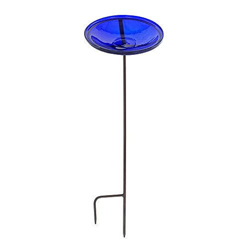 Achla Designs Crackle Glass Birdbath Bowl with Stake 14-in Cobalt Blue