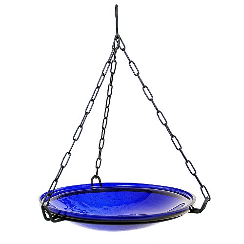 Achla Designs Crackle Glass Hanging Birdbath 14-in bowl Cobalt Blue