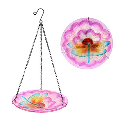 HONGLAND Bird Feeder Hanging Glass Bowl Dragonfly and Flower Birdbath for GardenYardPatio10 Inches Diameter