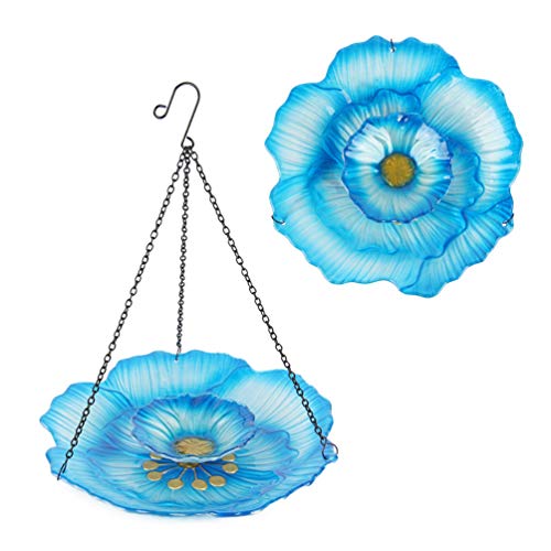 HONGLAND Hanging Bird Feeder Double Layer Glass Bowl Blue Flower Birdbath for GardenYardPatio12 Inches Diameter