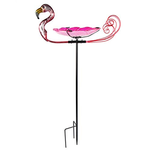 HONGLAND Outdoor Birdbath Stake Flamingo Bird Feeder Glass Bowl with Metal Stand for GardenLawnBackyard