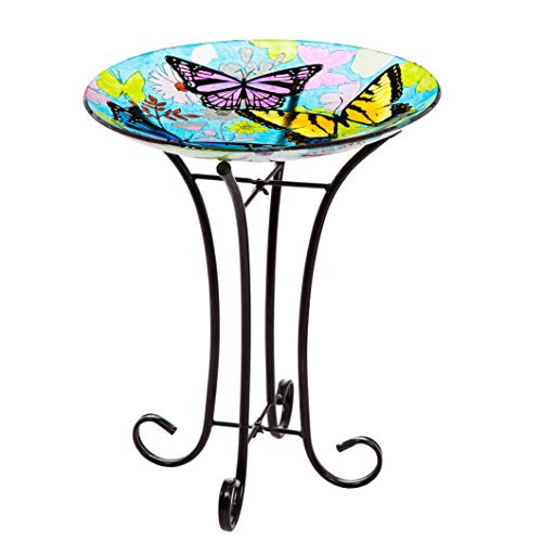 Topadorn Bird Bath Bowl Garden Décor Glass Plate Birdbath with Metal StandButterfly Bird Bath