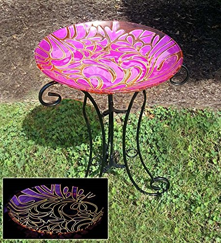 Glow-In-The-Dark Glass Birdbath with Stand in Pink Scrolled