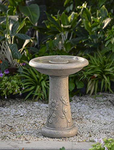 195 Light Brown Floral Motif Faux Stone Outdoor Patio Garden Birdbath Fountain